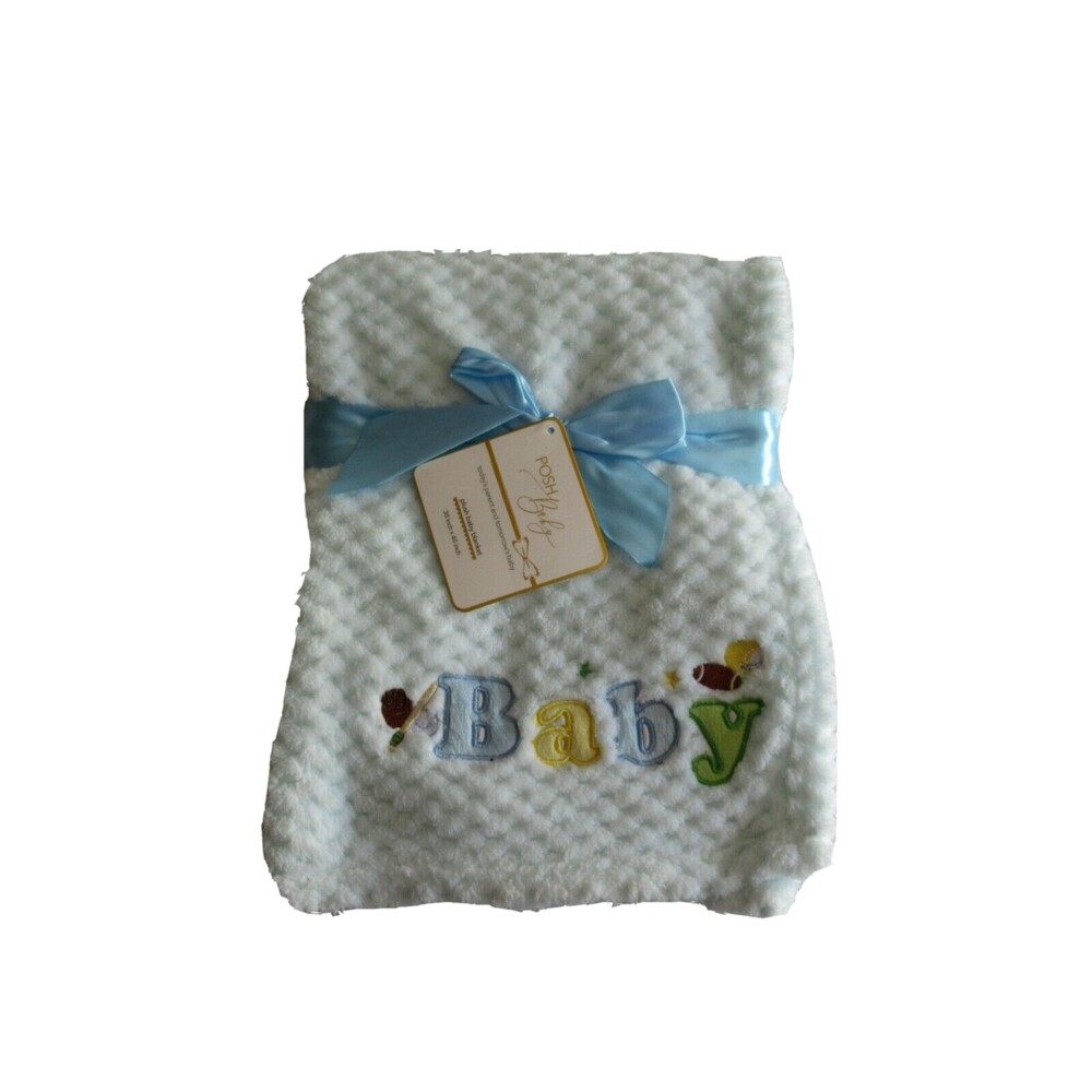 Posh Baby Pale Blue BABY Blanket 30"x40" NWT Soft Textured Sports Ball All Stars - Picture 9 of 9